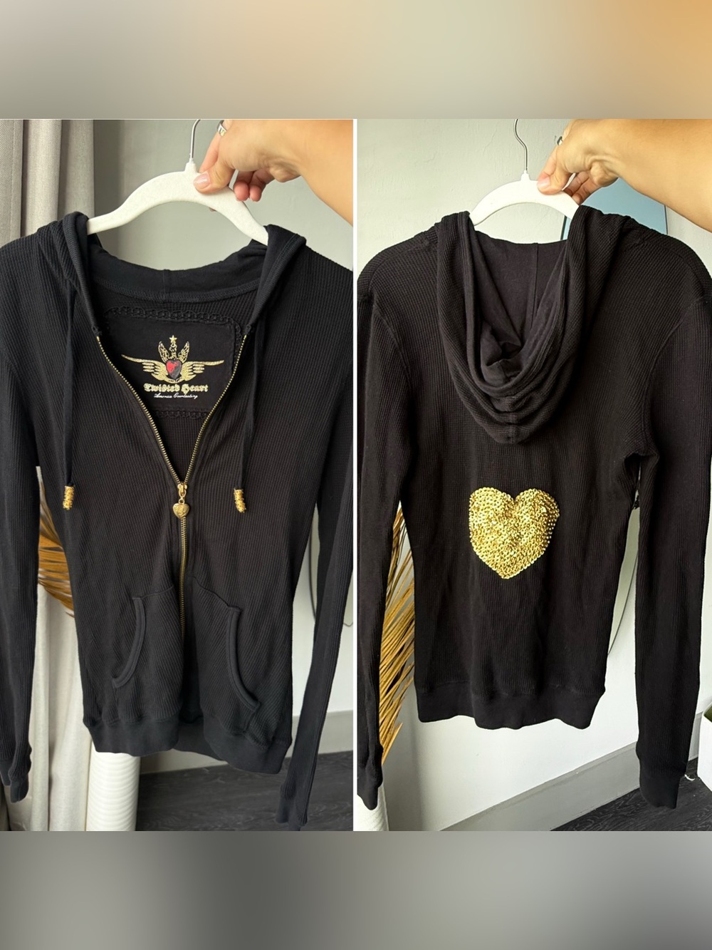 RARE VINTAGE TWISTED HEART Y2K Waffle Knit Thermal Hoodie Gold Embellished Heart